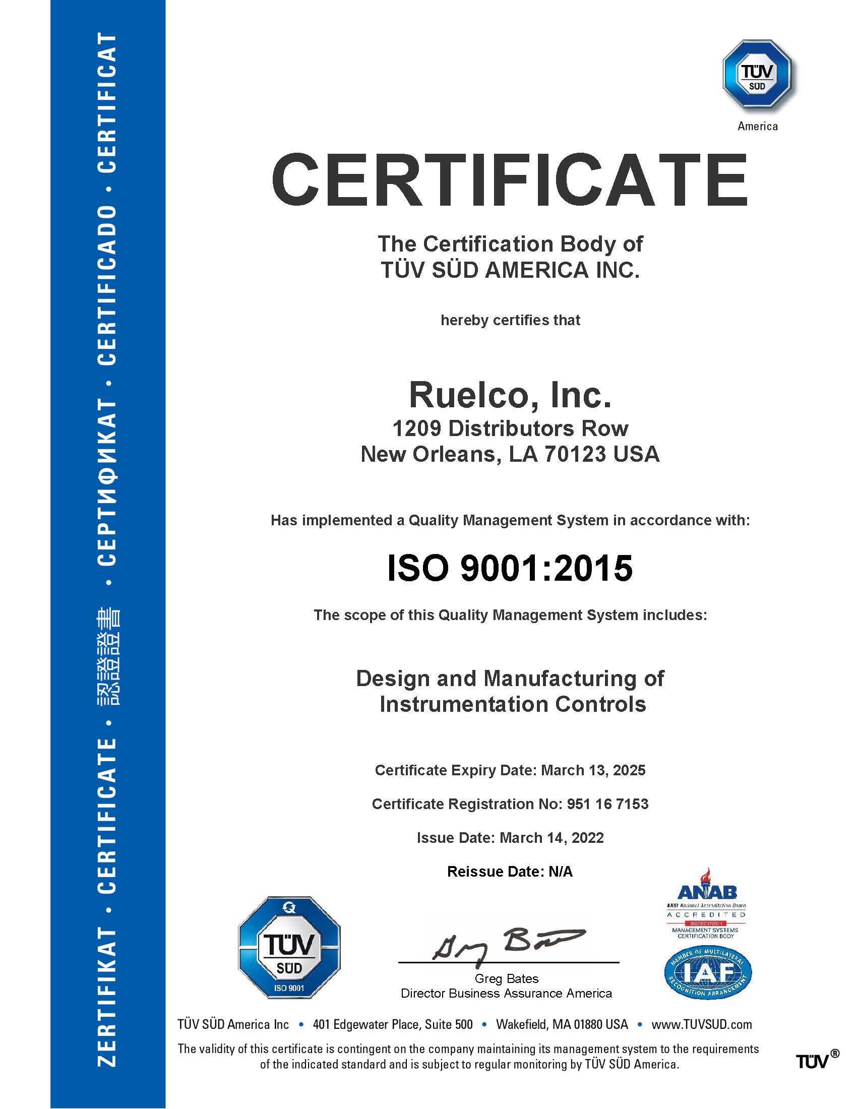 Ruelco ISO 9001:2015 Certificate